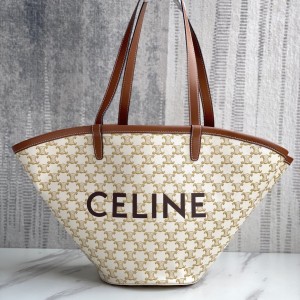 Celine TRIOMPHE COUFFIN 購物袋 超現代簡約風格、複述女性自由、符合當代審美、自重不重哦～牛皮包邊織物面料襯裡肩背雙皮革手腕，尺寸：58x27x17CM