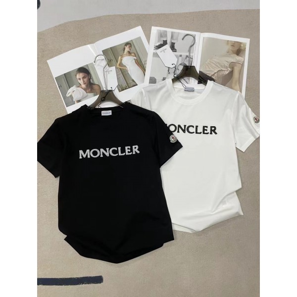 Moncler蒙口女款A貨胸前刺繡+手工釘珠字母logo圖案圓領短袖T恤