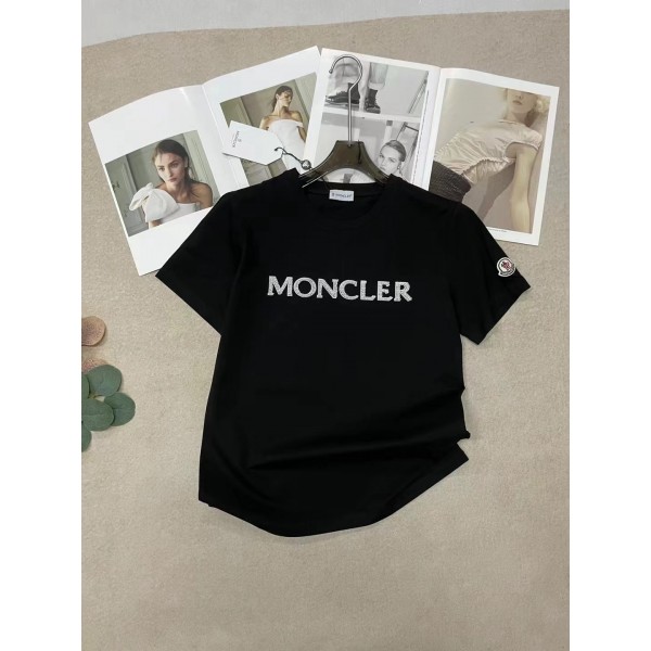 Moncler蒙口女款A貨胸前刺繡+手工釘珠字母logo圖案圓領短袖T恤