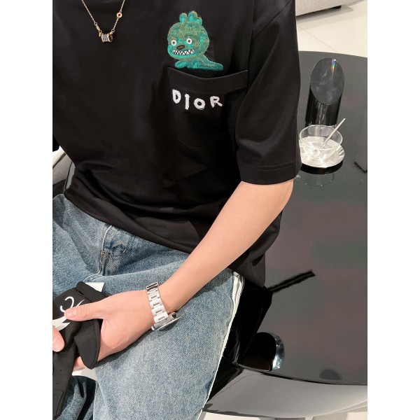 Dior迪奧高仿奢侈品24ss專櫃同款黑色圓領短袖T恤男女同款