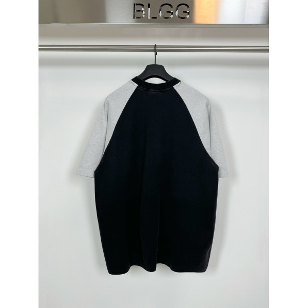 Balenciaga巴黎世家頂級新款水洗黑拼色油廓形印花短袖T恤男女同款