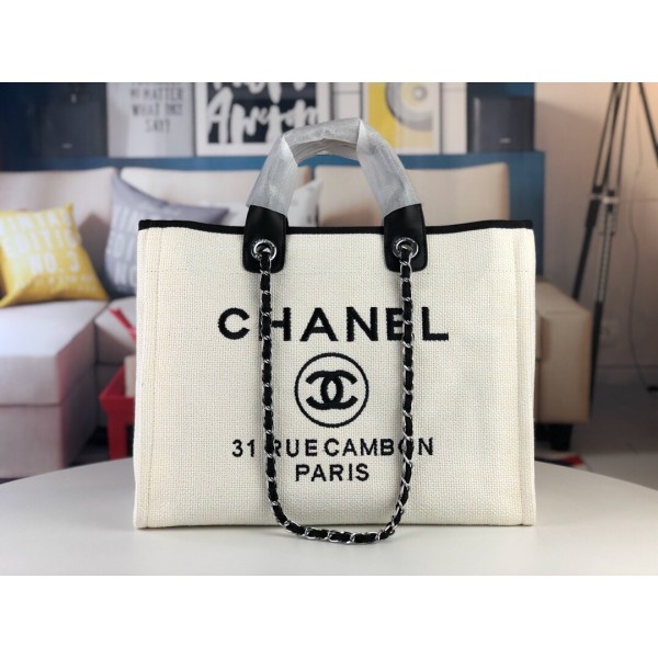 Chanel香奈兒原單布柔軟舒適希臘系列最新顏色手柄帆布沙灘包手提購物袋全新的絲線刺繡logo尺寸：38cm*30cm*18款號：67178