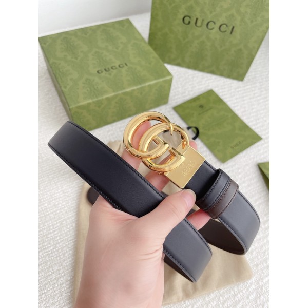 Gucci古馳寬3.5CM、經典爆款雙面進口頭層牛皮黑咖啡雙色搭配旋轉雙G扣可雙面使用做工精細原單品質