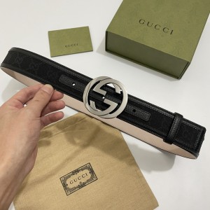 Gucci古馳——專櫃包邊款，logo標好：114984 F40IR黑色G花帆布頭層野豬紋包邊，內襯頭層變色磨砂底寬4.0cm雙G扣