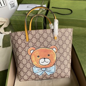 Gucci古馳頂級原單女士包包網紅爆款泰迪小熊購物袋定制版一款顏值跟品質都線上的購物袋配牛皮肩帶一條可單肩可斜挎410812