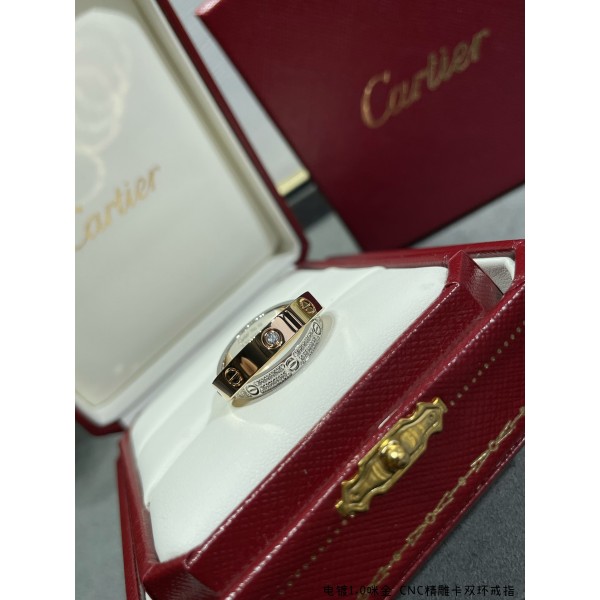 Cartier卡地亞高仿網站CNC手鑲鑽雙環戒指滿天星CNC手鑲鑽