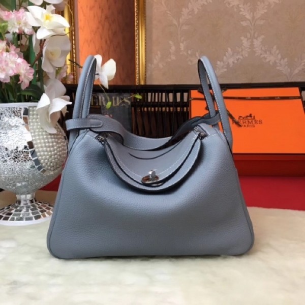 愛馬仕Hermes Lindy 30cm 原廠頂級進口原廠togo皮 配 手工蜜蠟線縫製 老工匠手藝 愛馬仕Hermes 經典款 【亞麻藍】銀扣