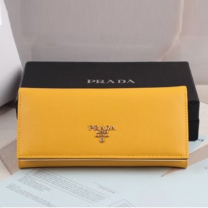 普拉達Prada翻蓋按扣長款皮夾 原版十字紋女士手拿包皮夾 1M1132-黃色