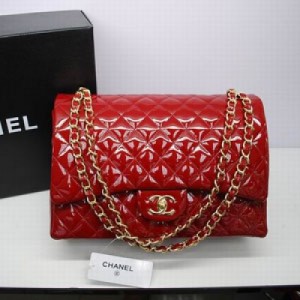 36098.13   Chanel香奈兒 Maxi系列雙層翻蓋紅色漆皮進口原版皮金色鏈和圓鎖