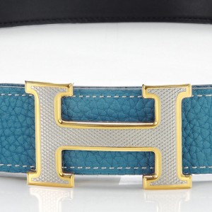 H1409 Hermes 寸三原版皮皮帶中藍色配網格銀配金 愛馬仕皮帶