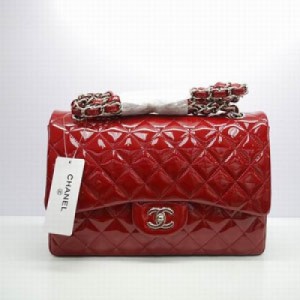 36097.3  Chanel香奈兒  jumbo雙層翻蓋紅色漆皮進口原皮。銀鏈和圓鎖新款系列 時尚包包