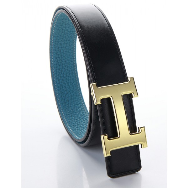 H1403 Hermes 寸三原版皮皮帶中藍色配光面金 愛馬仕皮帶