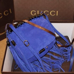 新款古馳 Gucci 原版磨砂皮長流蘇竹節包單肩斜跨女士包 347100寶藍色