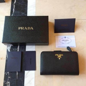 Prada 普拉達 原版十字紋牛皮中長款搭扣拉鏈皮夾 PR0507六色