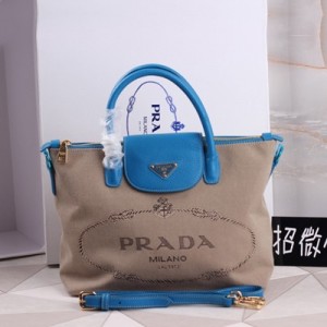 Prada新款購物袋 普拉達原版佈配皮手提女包 BN2106-藍色