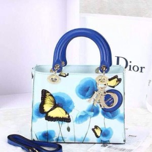 DIOR迪奧新款 優雅時尚 蝴蝶圖案漆皮手提單肩斜跨女包 D1759-天藍色