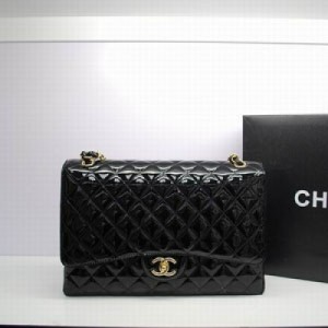 36098.1   Chanel香奈兒 Maxi系列雙層翻蓋黑色漆皮進口原版皮金色鏈和圓鎖