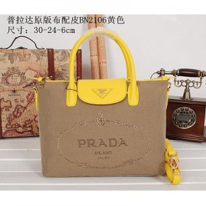 Prada新款購物袋 普拉達原版佈配皮手提女包 BN2106-黃色