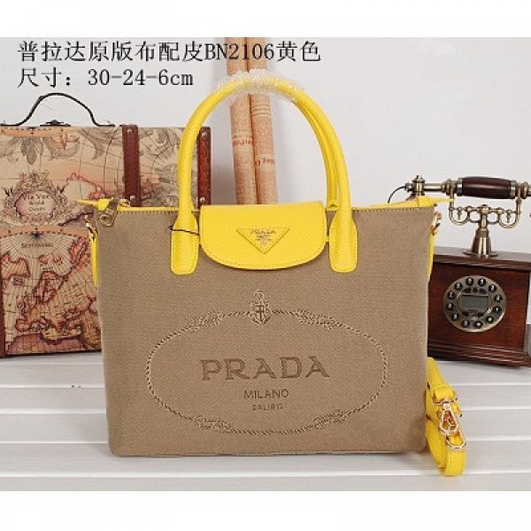 Prada新款購物袋 普拉達原版佈配皮手提女包 BN2106-黃色