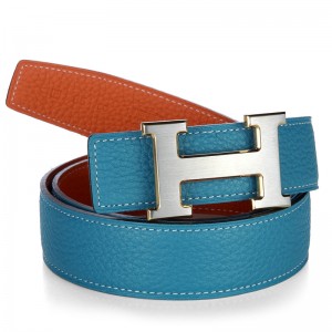 H1425 Hermes 雙面荔枝紋原版皮橙配中藍間金扣 愛馬仕皮帶