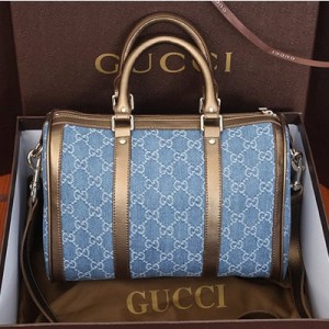 經典 Gucci古馳牛仔佈波士頓圓筒女包 原版手提單肩包 247205藍