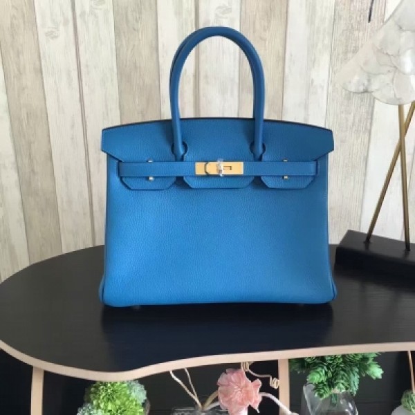 Hermes 愛馬仕 Birkin togo天空藍 30銀扣荔枝紋牛皮高檔手提包 HB19012 藍色