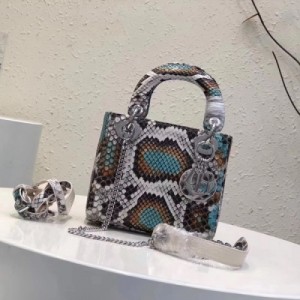 迪奧Lady Dior Mini 蛇皮款式 特殊工藝 內裡配羊皮，金屬配飾，可拆卸鏈帶，可手提亦可肩背或斜挎。可放入8plus，配兩條肩帶！尺寸17x15x7cm