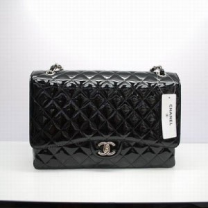 36098.2   Chanel香奈兒 Maxi系列雙層翻蓋黑色漆皮進口原版皮銀色鏈和圓鎖