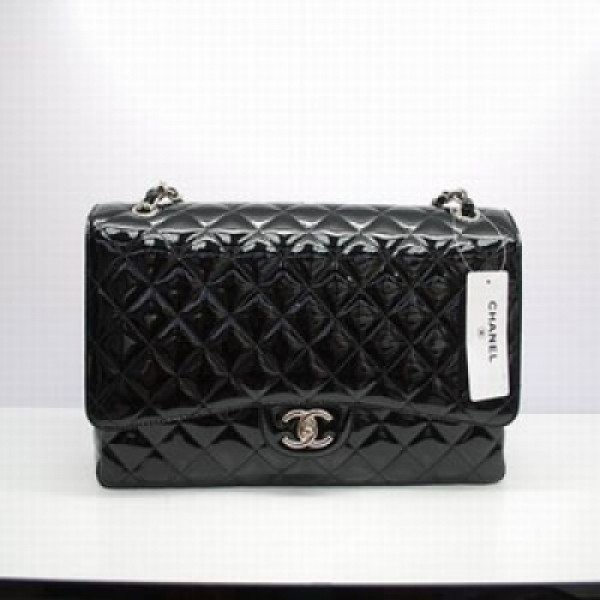 36098.2   Chanel香奈兒 Maxi系列雙層翻蓋黑色漆皮進口原版皮銀色鏈和圓鎖