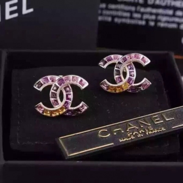 奢華大牌Chanel香奈兒紫色鋯石雙C耳釘耳環 原版金色電鍍 一比一精緻做工