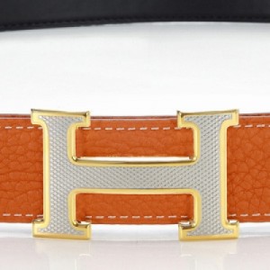 H1325 Hermes 寸三原版皮皮帶橙色配網格銀帶金 愛馬仕皮帶