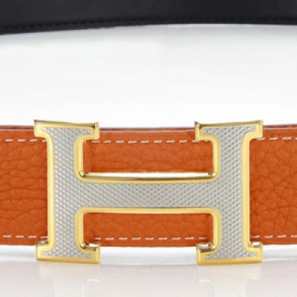 H1325 Hermes 寸三原版皮皮帶橙色配網格銀帶金 愛馬仕皮帶
