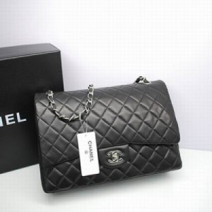 36098.20  Chanel香奈兒 Maxi系列雙層翻蓋黑色羊皮進口原版皮銀色鏈和圓鎖
