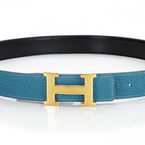 H1408 Hermes 寸三原版皮皮帶中藍色配網格金 愛馬仕皮帶