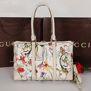 Gucci古馳新款 植物花卉印花手提包 優雅氣質手提單肩女包 257341米白