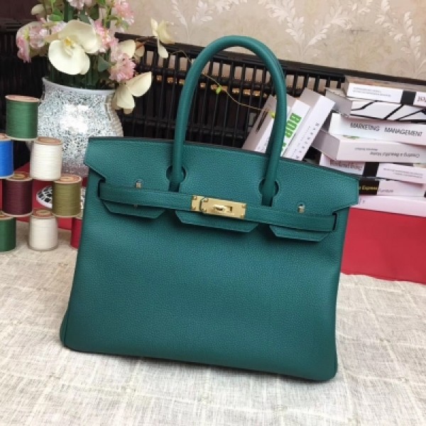 愛馬仕Hermes Birkin 30cm 原廠頂級進口小牛皮皮配全手工蜜蠟線縫製 老工匠手藝 Hermes家經典款【森林綠】金扣