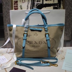 新款Prada進口帆佈手提女包 普拉達小號蝴蝶結購物袋 BN1841中藍