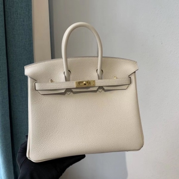 Hermes愛馬仕 ck10奶昔白 birkin25cm 原廠小牛togo皮 金扣 銀扣 全手工