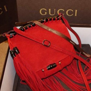 新款古馳 Gucci 原版磨砂牛皮長流蘇竹節包單肩斜跨女士包 347100紅色